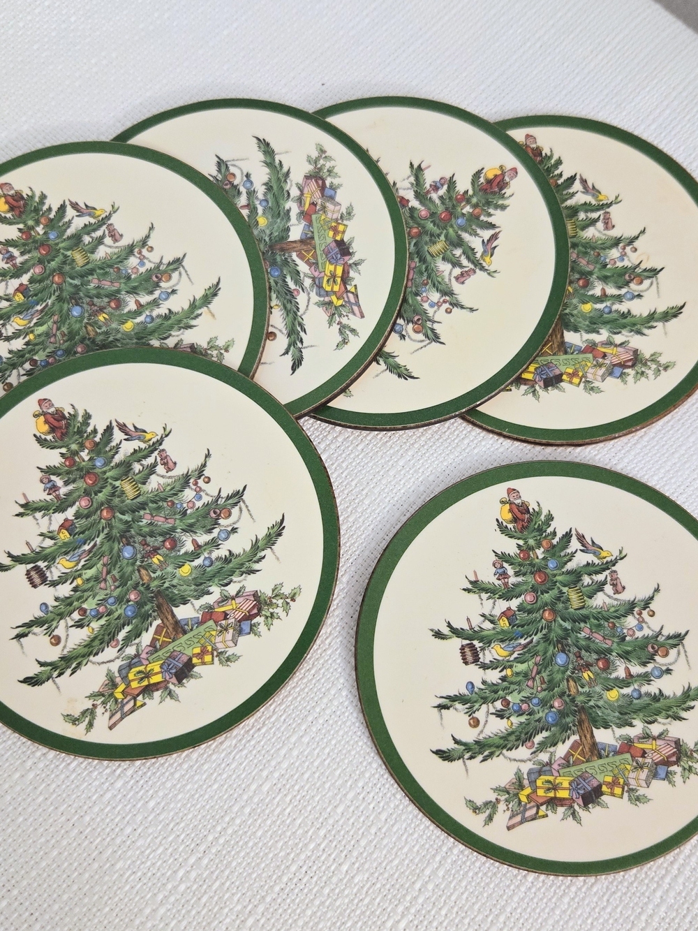 Vtg Spode Christmas Tree Coasters Holiday Pimpernel 4in Drinkware Set Of 6